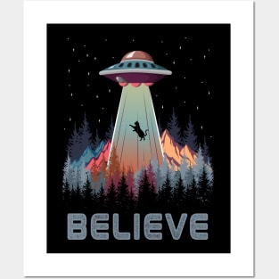 Believe Cat UFO Alien Gift Posters and Art